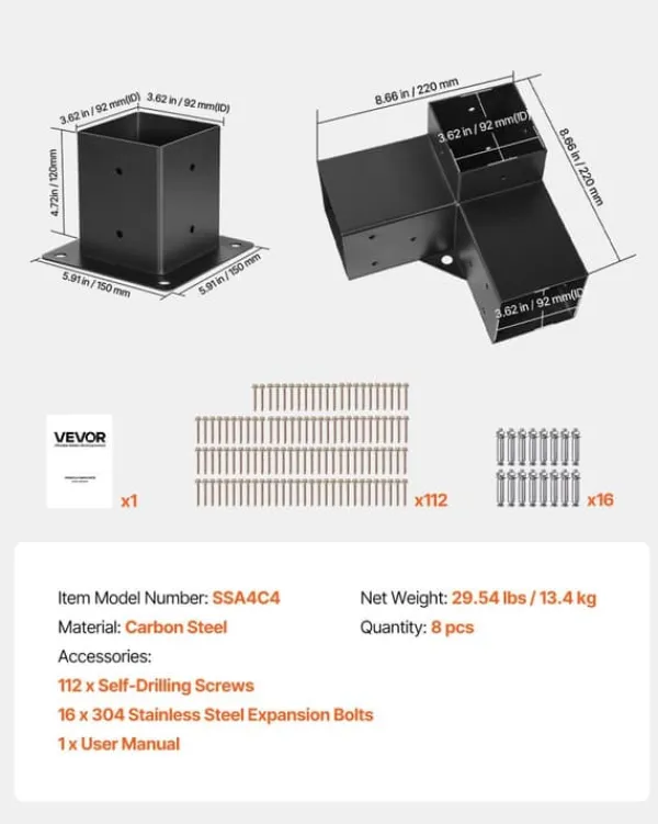 Buer, Spalier, Lysthuse Uden Tag^Pergolabeslagsæt - Kraftige 3-vejs hjørnebeslag - Indre mål 92 x 92 mm - Passer til 10,2 x 10,2 cm stolper - 4 stk - Til træbjælker