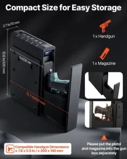 Pistolboks - Biometrisk Våbenskab - Hurtig 3-vejs Adgang - Fingeraftryk/Kode/Nøgle - Monterbar I Bil/Natbord - Til 1 Pistol + Magasin Pengeskabe