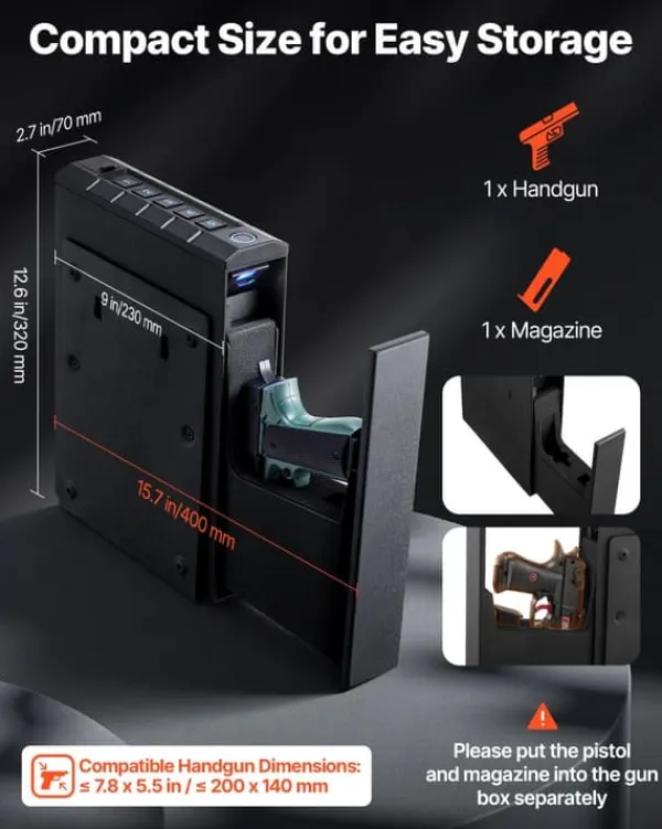 Pistolboks - Biometrisk Våbenskab - Hurtig 3-vejs Adgang - Fingeraftryk/Kode/Nøgle - Monterbar I Bil/Natbord - Til 1 Pistol + Magasin Pengeskabe