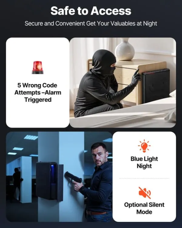 Pistolboks - Biometrisk Våbenskab - Hurtig 3-vejs Adgang - Fingeraftryk/Kode/Nøgle - Monterbar I Bil/Natbord - Til 1 Pistol + Magasin Pengeskabe