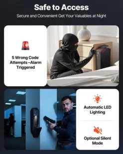 Hot Pistolskab - Biometrisk pistolboks - Hurtig 3-vejs adgang Fingeraftryk/Kode/Nøgle - LED-lys - Til 1 pistol + magasin - Monterbar til natbord/bil Pengeskabe