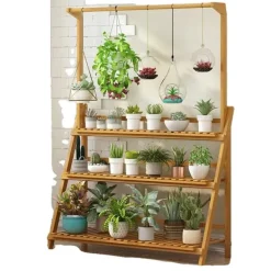Online Plantebord, 3 niveauer, justerbar højde, naturlig bambus,XL, Naturligt Træ Krukker & Plantebeholdere