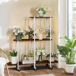 Plantningsbænke^Plantebord, 3 niveauer, robust metal konstruktion,Valnødde træ