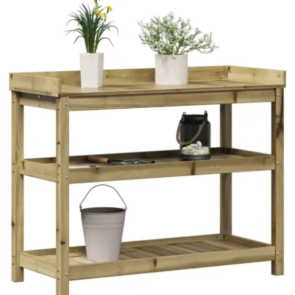 Plantningsbænke^Plantebord i imprægneret fyrretræ med hylder | Størrelse: 108x45x86,5 cm