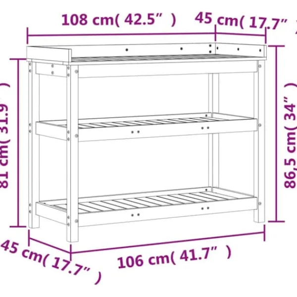 Plantningsbænke^Plantebord i imprægneret fyrretræ med hylder | Størrelse: 108x45x86,5 cm