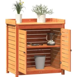 Plantningsbænke^Plantebord i massivt fyrretræ med hylder - Pottebord til have | Størrelse: 82,5x50x86,5 cm | Farve: Brun