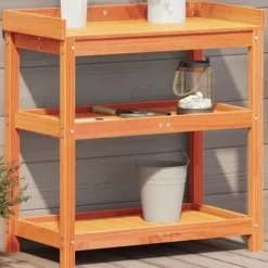 Plantningsbænke^Plantebord i massivt fyrretræ med hylder | Størrelse: 82,5x45x86,5 cm | Farve: Brun