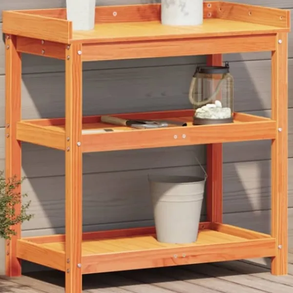 Plantningsbænke^Plantebord i massivt fyrretræ med hylder | Størrelse: 82,5x45x86,5 cm | Farve: Brun
