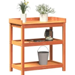 Plantningsbænke^Plantebord i massivt fyrretræ med hylder | Størrelse: 82,5x45x86,5 cm | Farve: Brun