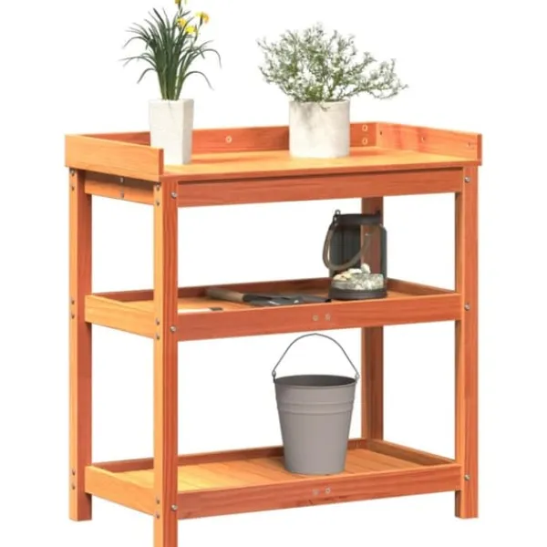 Plantningsbænke^Plantebord i massivt fyrretræ med hylder | Størrelse: 82,5x45x86,5 cm | Farve: Brun
