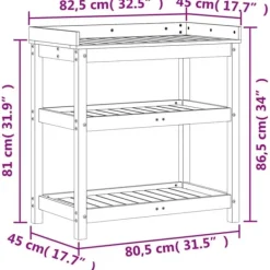 Plantningsbænke^Plantebord i massivt fyrretræ med hylder | Størrelse: 82,5x45x86,5 cm | Farve: Brun
