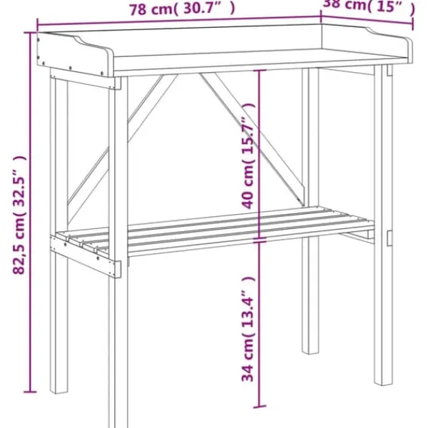 Plantningsbænke^Plantebord i massivt grantræ med hylde | Størrelse: 78x38x82,5 cm | Farve: Brun