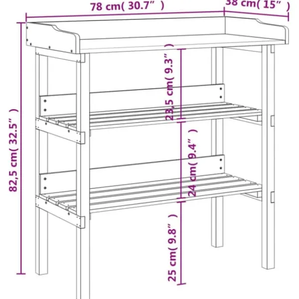 Plantningsbænke^Plantebord i massivt grantræ med hylder | 78x38x82,5 cm | Farve: Natur | Størrelse: 78x38x82,5 cm