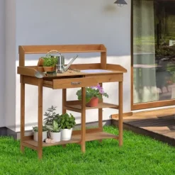 Plantningsbænke^Plantebord med balje, træ, 112 cm højt – stabilt & vejrbestandigt