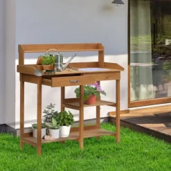 Plantningsbænke^Plantebord med balje, træ, 112 cm højt – stabilt & vejrbestandigt