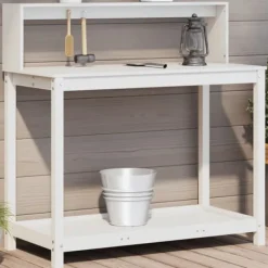 Discount Plantebord med hylder i massivt fyrretræ - Opbevaringsløsning | Størrelse: 108x50x109,5 cm | Farve: Hvid Plantningsbænke