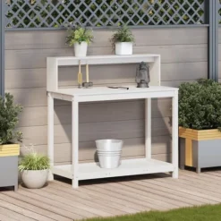 Discount Plantebord med hylder i massivt fyrretræ - Opbevaringsløsning | Størrelse: 108x50x109,5 cm | Farve: Hvid Plantningsbænke