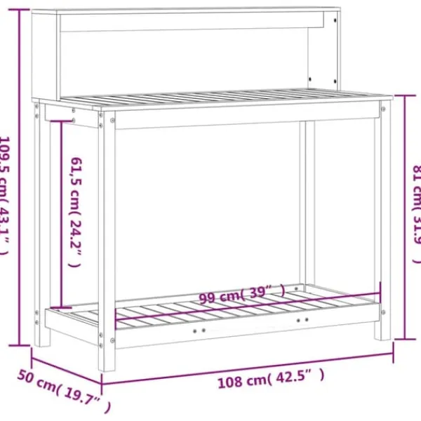 Discount Plantebord med hylder i massivt fyrretræ - Opbevaringsløsning | Størrelse: 108x50x109,5 cm | Farve: Hvid Plantningsbænke