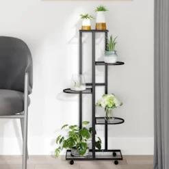 Best Planteborde - Living blomsterstativ 5 niveauer med hjul 44x23x100 cm jern sort Plantestativer