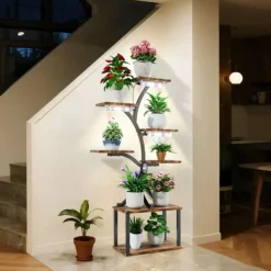 Plantestativer^Planteholder & Blomsterhylde - Hjørnemodel i træ - Træformet - 7 Hylder - 151 cm - Med LED-lys - Indendørs - Grå