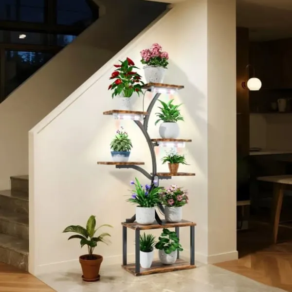 Plantestativer^Planteholder & Blomsterhylde - Hjørnemodel i træ - Træformet - 7 Hylder - 151 cm - Med LED-lys - Indendørs - Grå