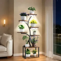 Plantestativer^Planteholder & Blomsterhylde - Hjørnemodel i træ - Træformet - 7 Hylder - 151 cm - Med LED-lys - Indendørs - Grå
