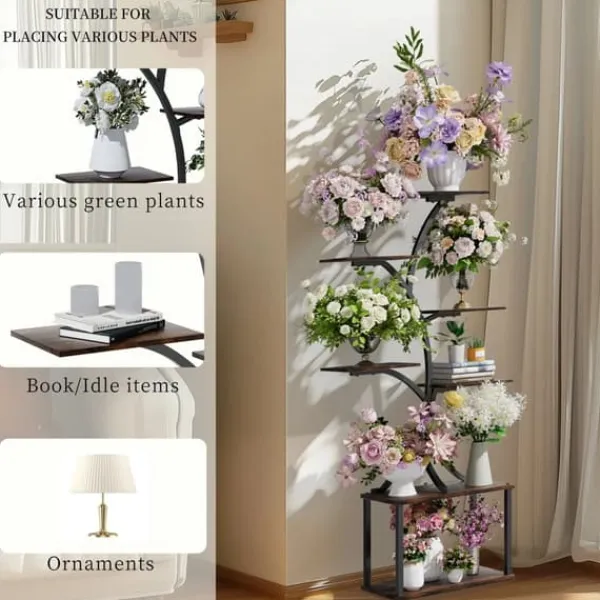 Plantestativer^Planteholder & Blomsterhylde - Hjørnemodel i træ - Træformet - 7 Hylder - 151 cm - Med LED-lys - Indendørs - Grå