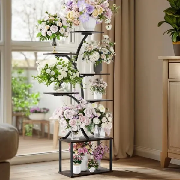 Plantestativer^Planteholder & Blomsterhylde - Hjørnemodel i træ - Træformet - 7 Hylder - 151 cm - Med LED-lys - Indendørs - Grå