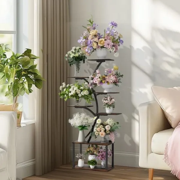 Plantestativer^Planteholder & Blomsterhylde - Hjørnemodel i træ - Træformet - 7 Hylder - 151 cm - Med LED-lys - Indendørs - Grå