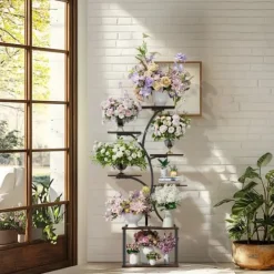 Plantestativer^Planteholder & Blomsterhylde - Hjørnemodel i træ - Træformet - 7 Hylder - 151 cm - Med LED-lys - Indendørs - Grå