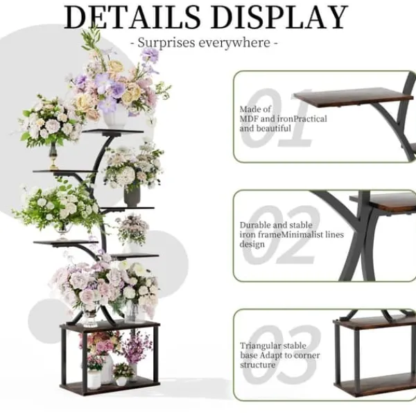 Plantestativer^Planteholder & Blomsterhylde - Hjørnemodel i træ - Træformet - 7 Hylder - 151 cm - Med LED-lys - Indendørs - Grå