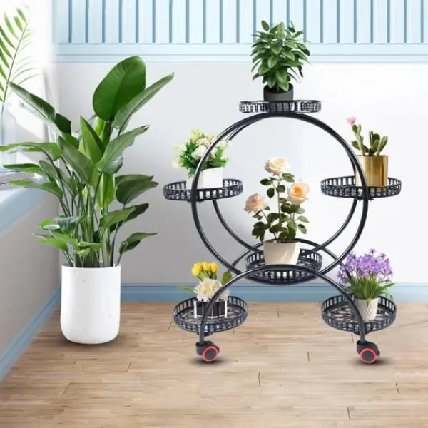 New Planteholder - Blomsterkrukkestativ 4 etager - Metal - Med hjul - Kraftig - Rundt design - Sort Plantestativer