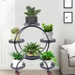 New Planteholder - Blomsterkrukkestativ 4 etager - Metal - Med hjul - Kraftig - Rundt design - Sort Plantestativer