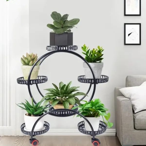 New Planteholder - Blomsterkrukkestativ 4 etager - Metal - Med hjul - Kraftig - Rundt design - Sort Plantestativer