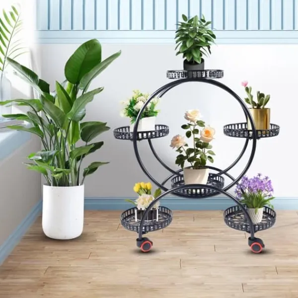 New Planteholder - Blomsterkrukkestativ 4 etager - Metal - Med hjul - Kraftig - Rundt design - Sort Plantestativer