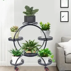 New Planteholder - Blomsterkrukkestativ 4 etager - Metal - Med hjul - Kraftig - Rundt design - Sort Plantestativer