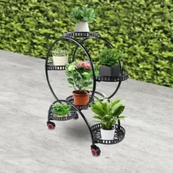New Planteholder - Blomsterkrukkestativ 4 etager - Metal - Med hjul - Kraftig - Rundt design - Sort Plantestativer