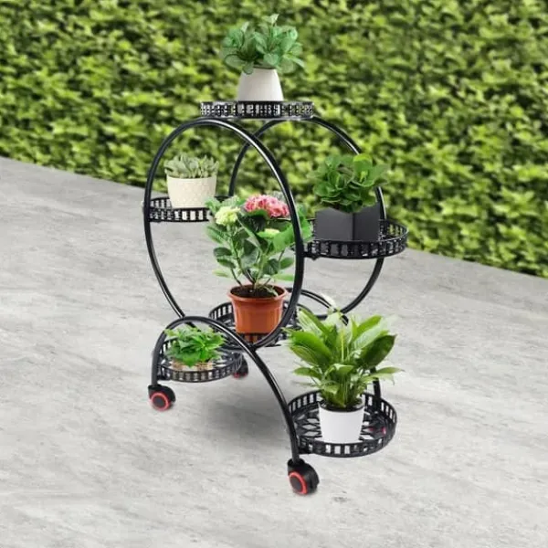 New Planteholder - Blomsterkrukkestativ 4 etager - Metal - Med hjul - Kraftig - Rundt design - Sort Plantestativer