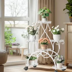 Outlet Planteholder - Blomsterstander - 6 Niveauer - Metal - Med Hjul - Til Indendørs/Udendørs, Stue/Balkon - Hvid Plantestativer