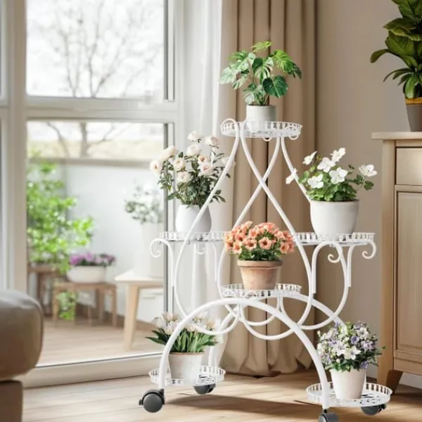 Outlet Planteholder - Blomsterstander - 6 Niveauer - Metal - Med Hjul - Til Indendørs/Udendørs, Stue/Balkon - Hvid Plantestativer