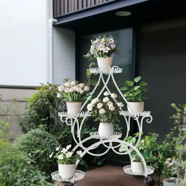 Outlet Planteholder - Blomsterstander - 6 Niveauer - Metal - Med Hjul - Til Indendørs/Udendørs, Stue/Balkon - Hvid Plantestativer