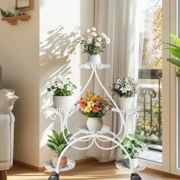 Outlet Planteholder - Blomsterstander - 6 Niveauer - Metal - Med Hjul - Til Indendørs/Udendørs, Stue/Balkon - Hvid Plantestativer