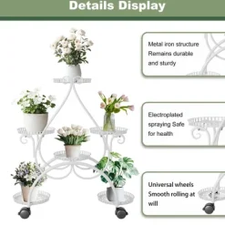 Outlet Planteholder - Blomsterstander - 6 Niveauer - Metal - Med Hjul - Til Indendørs/Udendørs, Stue/Balkon - Hvid Plantestativer