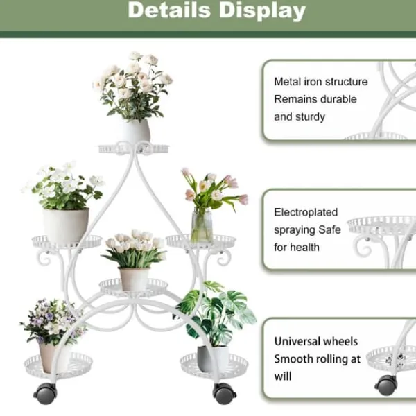 Outlet Planteholder - Blomsterstander - 6 Niveauer - Metal - Med Hjul - Til Indendørs/Udendørs, Stue/Balkon - Hvid Plantestativer