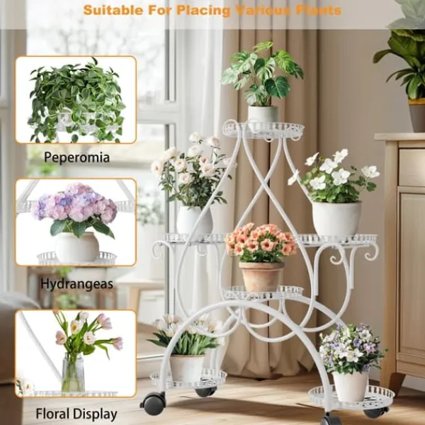 Outlet Planteholder - Blomsterstander - 6 Niveauer - Metal - Med Hjul - Til Indendørs/Udendørs, Stue/Balkon - Hvid Plantestativer