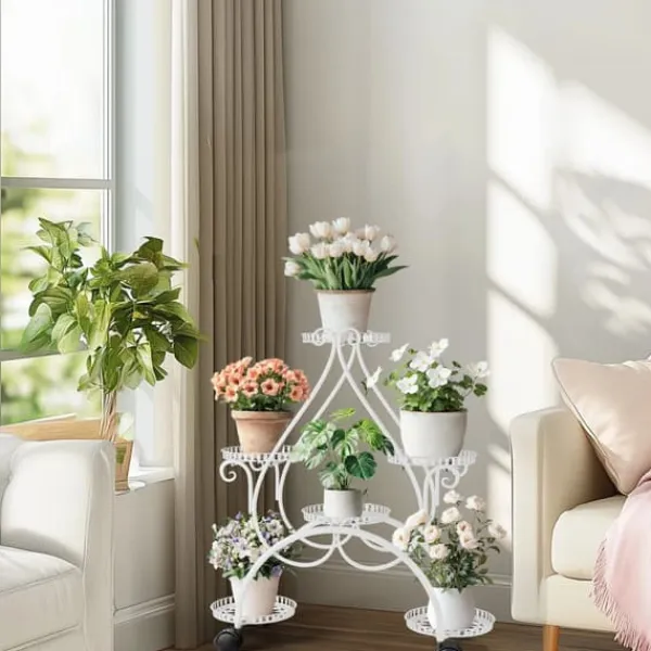 Outlet Planteholder - Blomsterstander - 6 Niveauer - Metal - Med Hjul - Til Indendørs/Udendørs, Stue/Balkon - Hvid Plantestativer