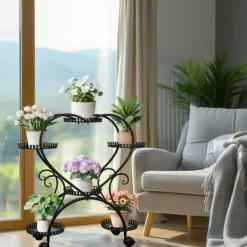 Plantestativer^Planteholder - Blomsterstander - Med hjul - 6 niveauer til krukker - Metal - Indendørs & udendørs - Hjerteformet design - Samles - Sort
