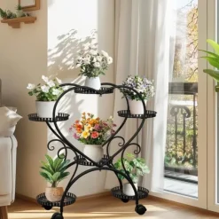 Plantestativer^Planteholder - Blomsterstander - Med hjul - 6 niveauer til krukker - Metal - Indendørs & udendørs - Hjerteformet design - Samles - Sort