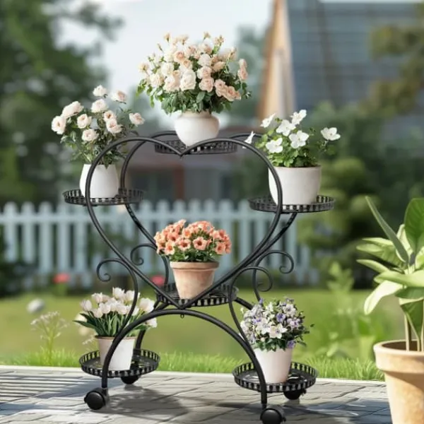 Plantestativer^Planteholder - Blomsterstander - Med hjul - 6 niveauer til krukker - Metal - Indendørs & udendørs - Hjerteformet design - Samles - Sort