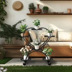 Plantestativer^Planteholder - Blomsterstander - Med hjul - 6 niveauer til krukker - Metal - Indendørs & udendørs - Hjerteformet design - Samles - Sort